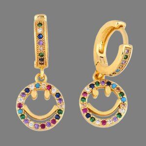 HAPPY FACE-Multi-Color- gold Plated / zirconia-MEDIUM STUD PENDANT HOOP EARRING